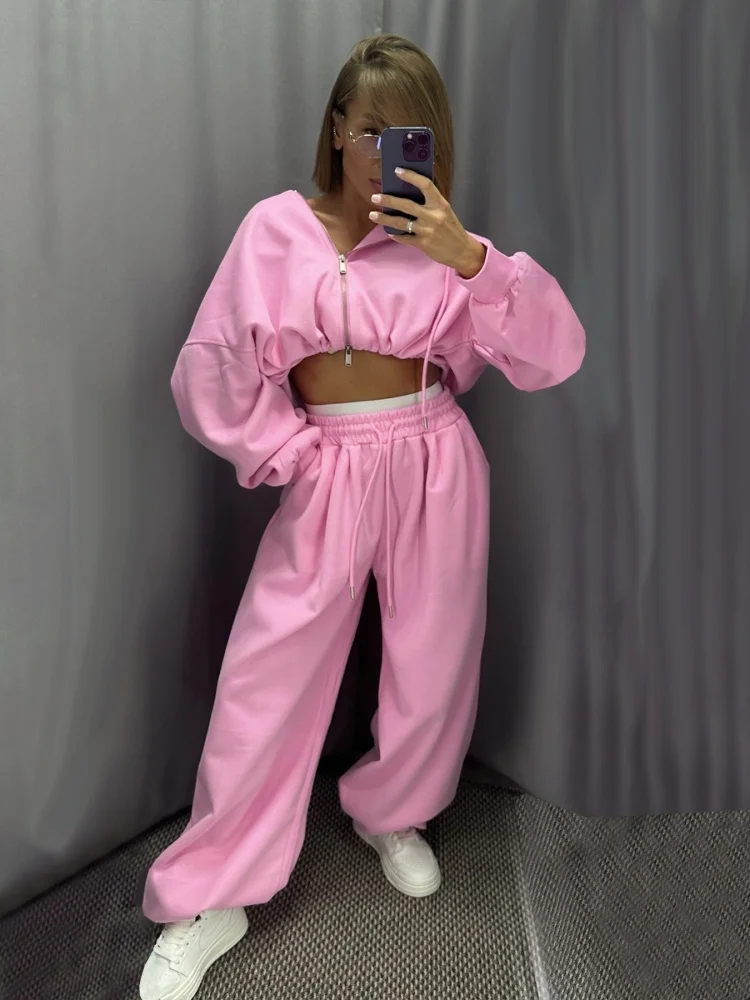 Wmstar Two Piece Set Women Wholesale Woman Fashion Casual Loose Zipper Short Sweatshirt High Waisted Wide Leg Long Pants Sport