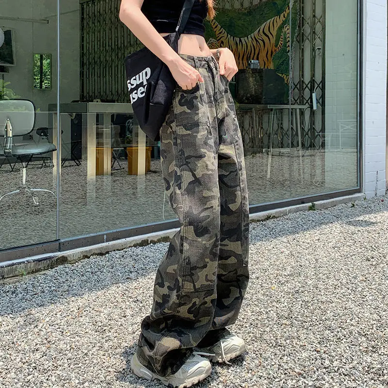 Camouflage Cargo Pants Women Y2K Streetwear Low Rise Jeans Retro Wide Leg Trousers Denim Straight Trousers Harajuku