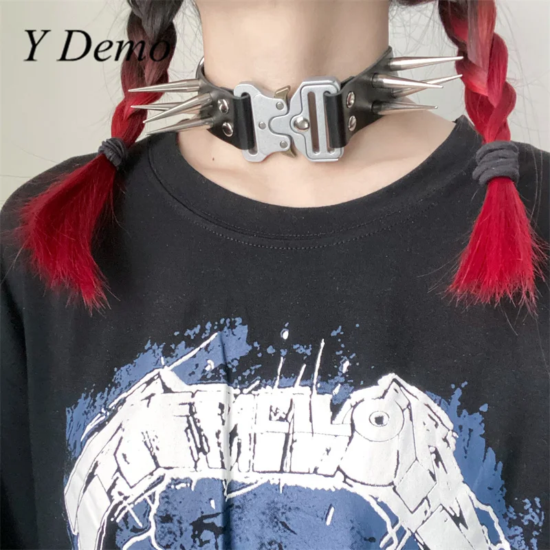 Y Demo Techwear Punk Stainless Steel Buckle Rivets Women's Choker Necklace Rock Accessory Handmade
