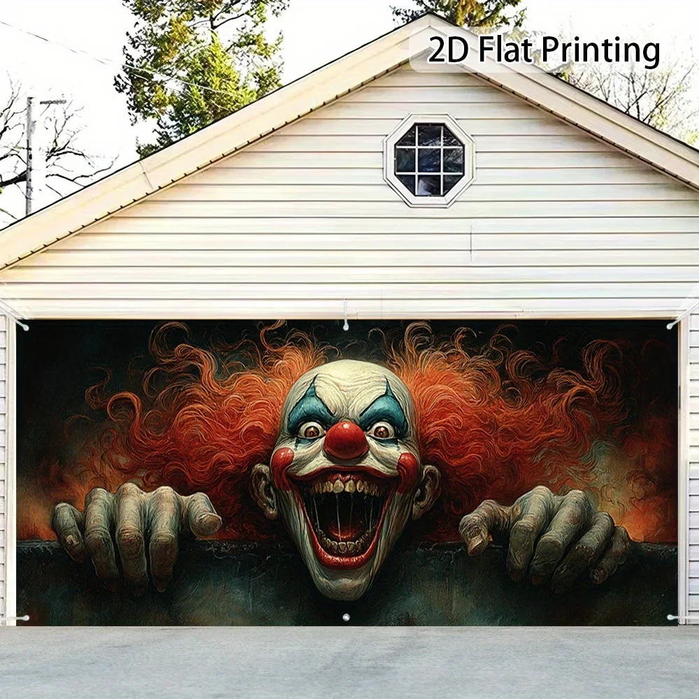 2D-Türbanner, 1 Stück riesiges, erschreckendes Garagentorbanner mit Clown-Gesicht – Bedrohung von roten Haaren und Zähnen im Pennywise-Stil – Detail 6