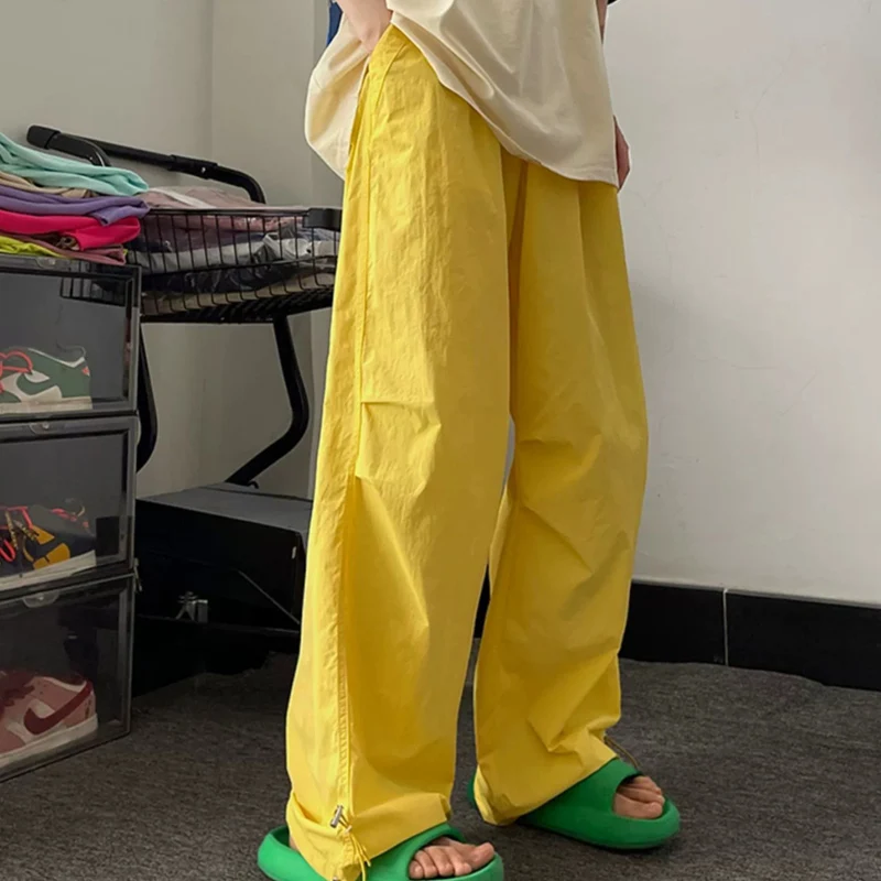 Summer Solid Color Fashion Elastic Waist Wide Leg Trousers Man Drawstring Loose Casual Pockets Patchwork Thin Personality Pants