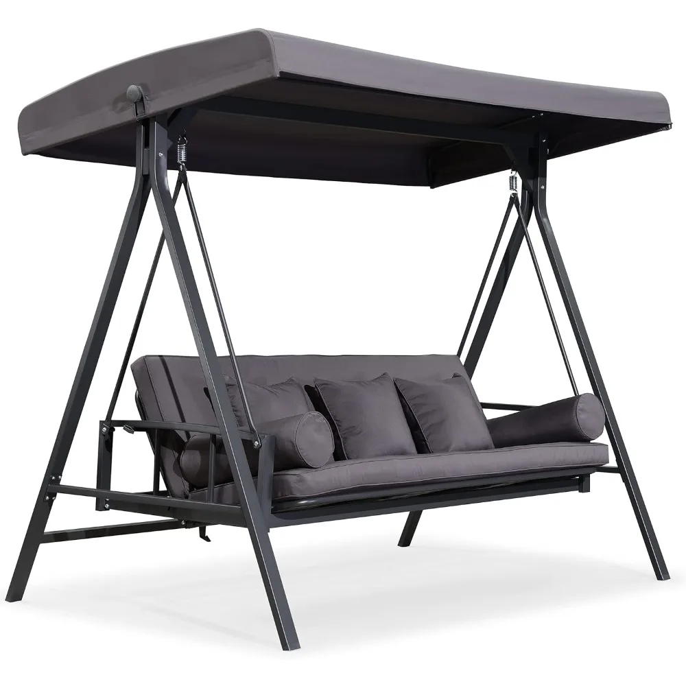 Outdoor Patio Porch Swing Adjustable Backrest, 3-seat Swing Chair with Weather Resistant Steel Frame for Backyard 2