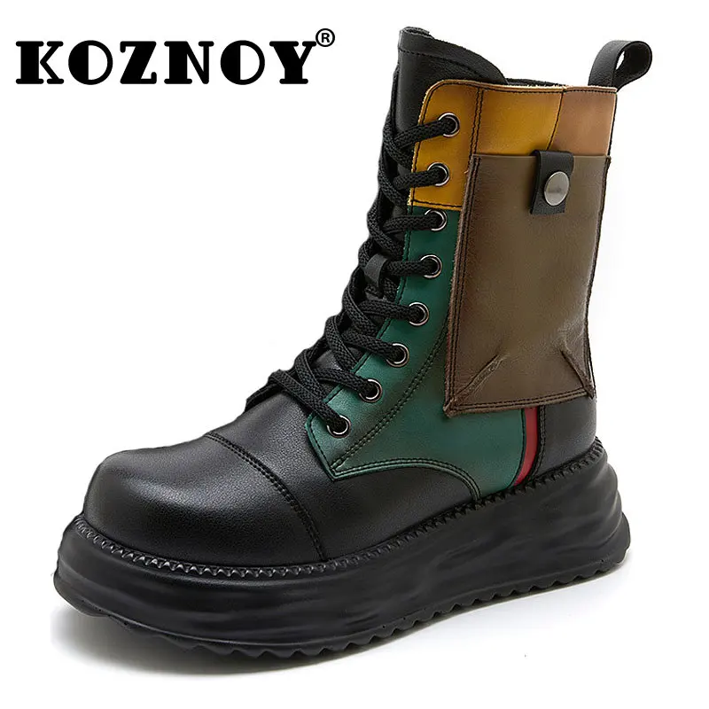

Koznoy 5cm Cow Genuine Leather Platform Mixed Color Women Zopper Thick Solid Autumn Spring Mid Calf Motorcycle Booties Shoes