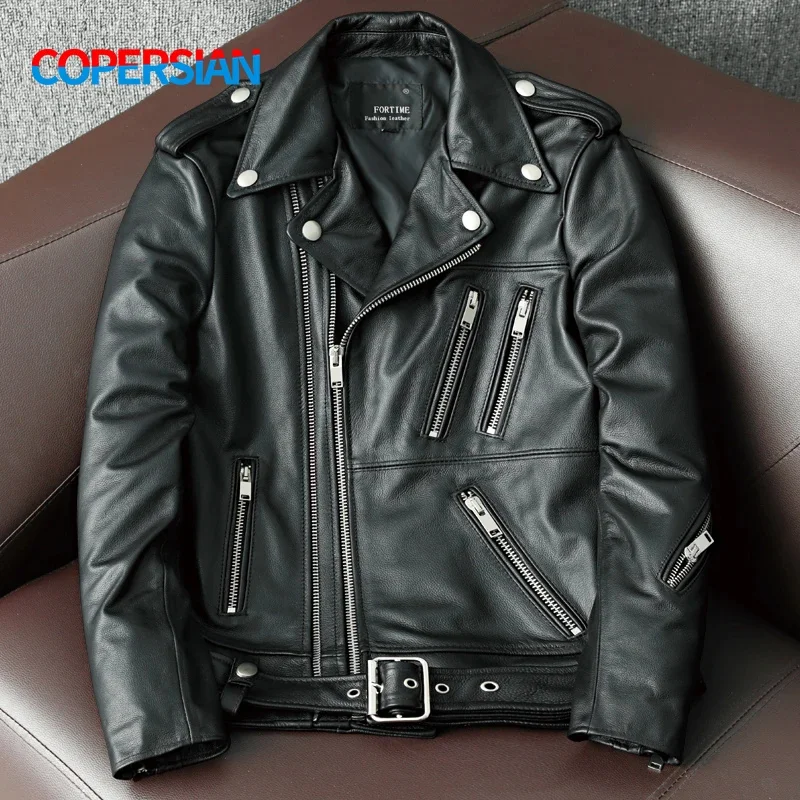 

2024 New Genuine Cow Leather Jacket Men Autumn Winter Male Coats Diagonal zipper and Multi Pocket slim Motorcycle Clothing