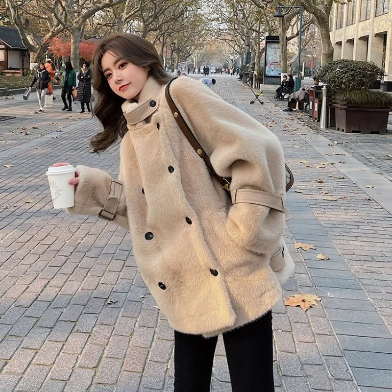 2023 Autumn Winter New Women Imitate Mink-like Wool Fur Coat Thicken Loose Warm Outwear Mid Length Version Fashion Casual Top