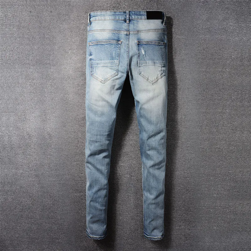 High Street Fashion Men Jeans Retro Light Blue Stretch Skinny Fit Ripped Jeans Men Leather Patched Designer Hip Hop Brand Pants