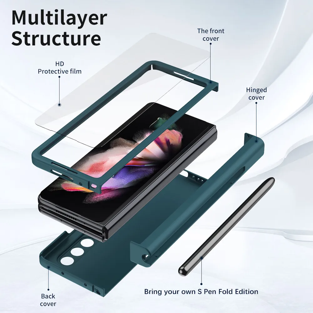Pencil Case Hinge Protective For Samsung Galaxy Z Fold 5 4 3 2 5G with Front Tempered Glass S Pen Slot Case For Samsung Z Fold 4