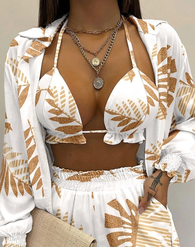 2024 Summer New Women's Three Piece Tropical Leaf Print Cropped Top and Pocket Design Shorts Set Lantern Sleeve Shirt