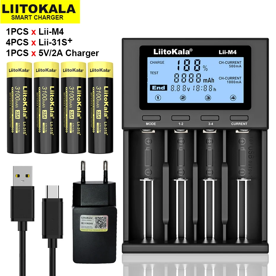 

4PCS New LiitoKala Lii-31S 18650 Battery 3.7V Li-ion 3100mA 35A Power Battery For high Drain Devices.+Lii-M4 Charger 5V 2A