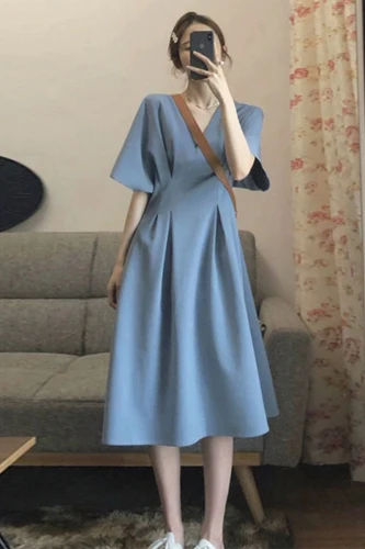 Solid Casual Short Sleeve Dress Women V-neck Batwing Sleeve A-line Draped Office Ladies Summer Large Size 4XL Ins Korean Style party dresses Dresses