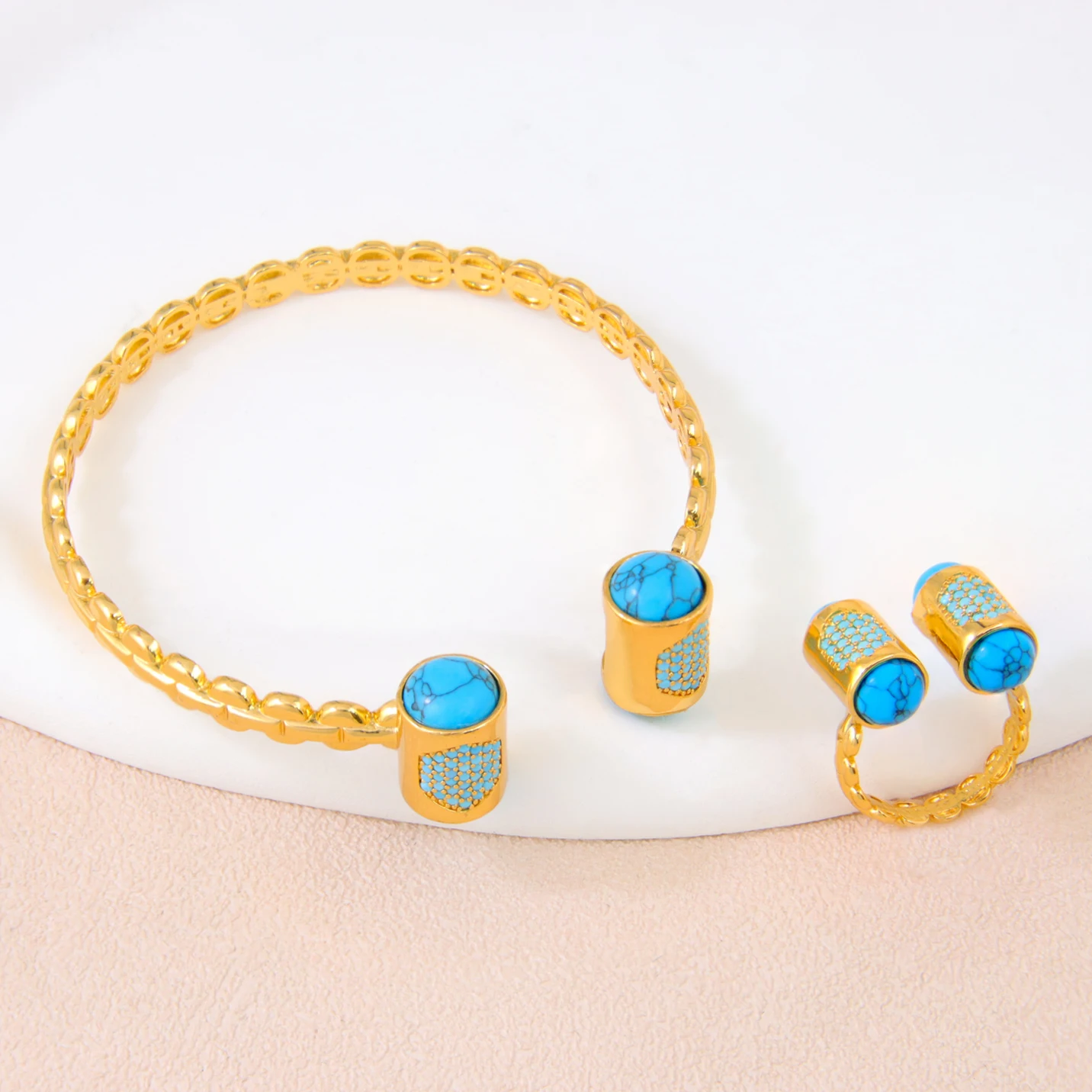 Arabisches Mode-Schmuckset: Türkis-Armband und Ring, 21k Vergoldet, Äthiopischer Eleganter Zirkonia-Armreif, Habesha Vintage-Schmuck für Frauen – Detail 8