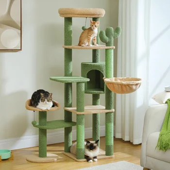 Multi-Level Cat Tree with Scratching Post Hammock Large Perches Hanging Balls Tall Cat Tower for Indoor Spacious Cat Condo House 4