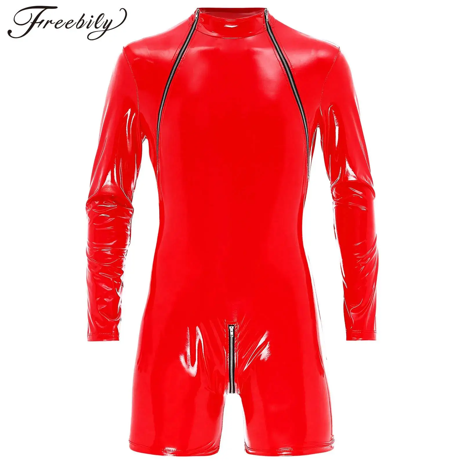 Men Zipper Crotch Neckline Leather Bodysuit Club Dance Performance Wetlook Boxer Shorts Jumpsuit Hommes Clubwear men bodysuits