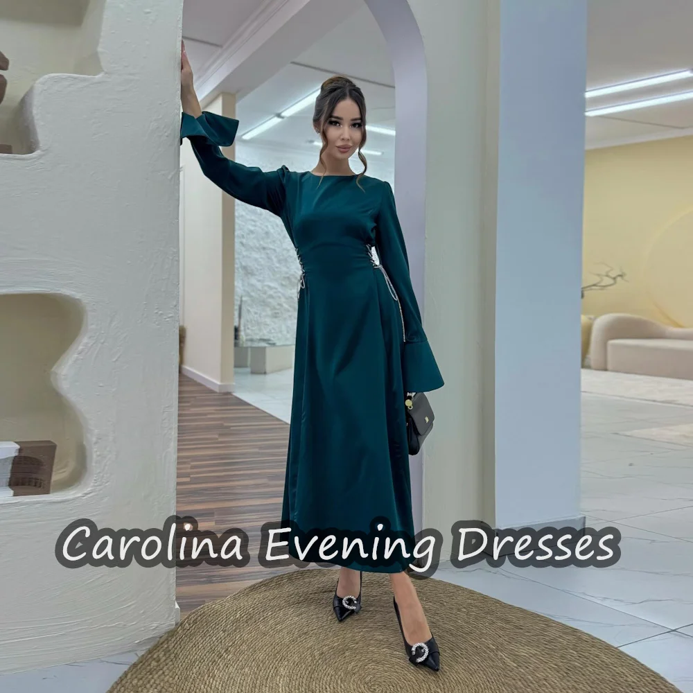 

Женское атласное платье-трапеция до щиколотки, с оборками и круглым вырезом