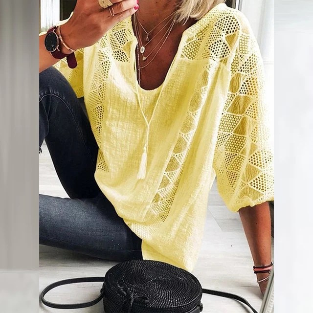 Plus Size Womens 3/4 Sleeve Solid Cotton Lined Tops Ladies Casual Loose Autumn Tunic T Shirt High Quality Clothing L-5XL 2023 5