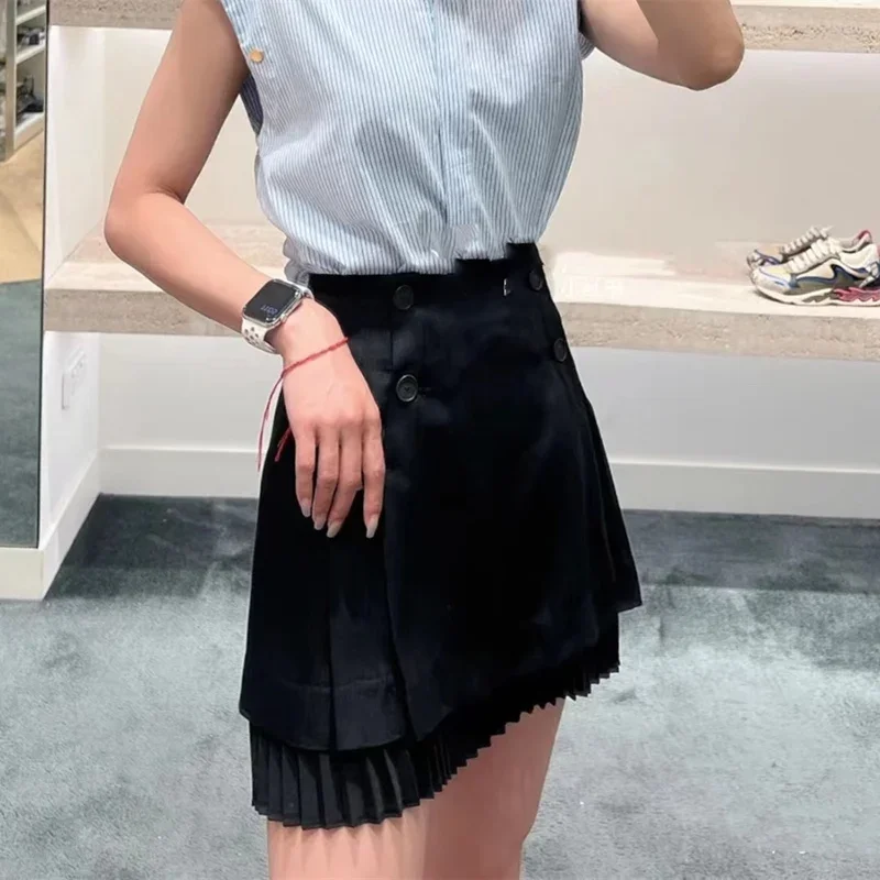 

Women Black Mini Skirt Pleated Stitching Hem High Waist A-Line Casual Spring 2024 Jupe with Buttons