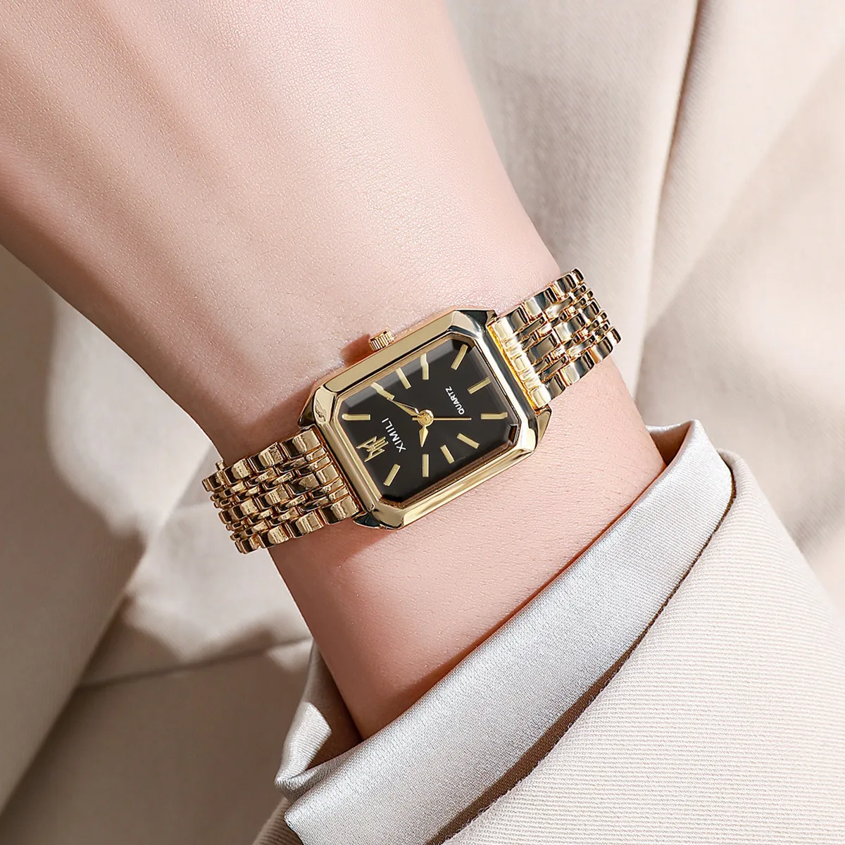 Women Watches Business Luxury Ladies Fashion Quartz Watch Simple Scale Square Quality Gold Plated Stainless Steel Folding Clock 3