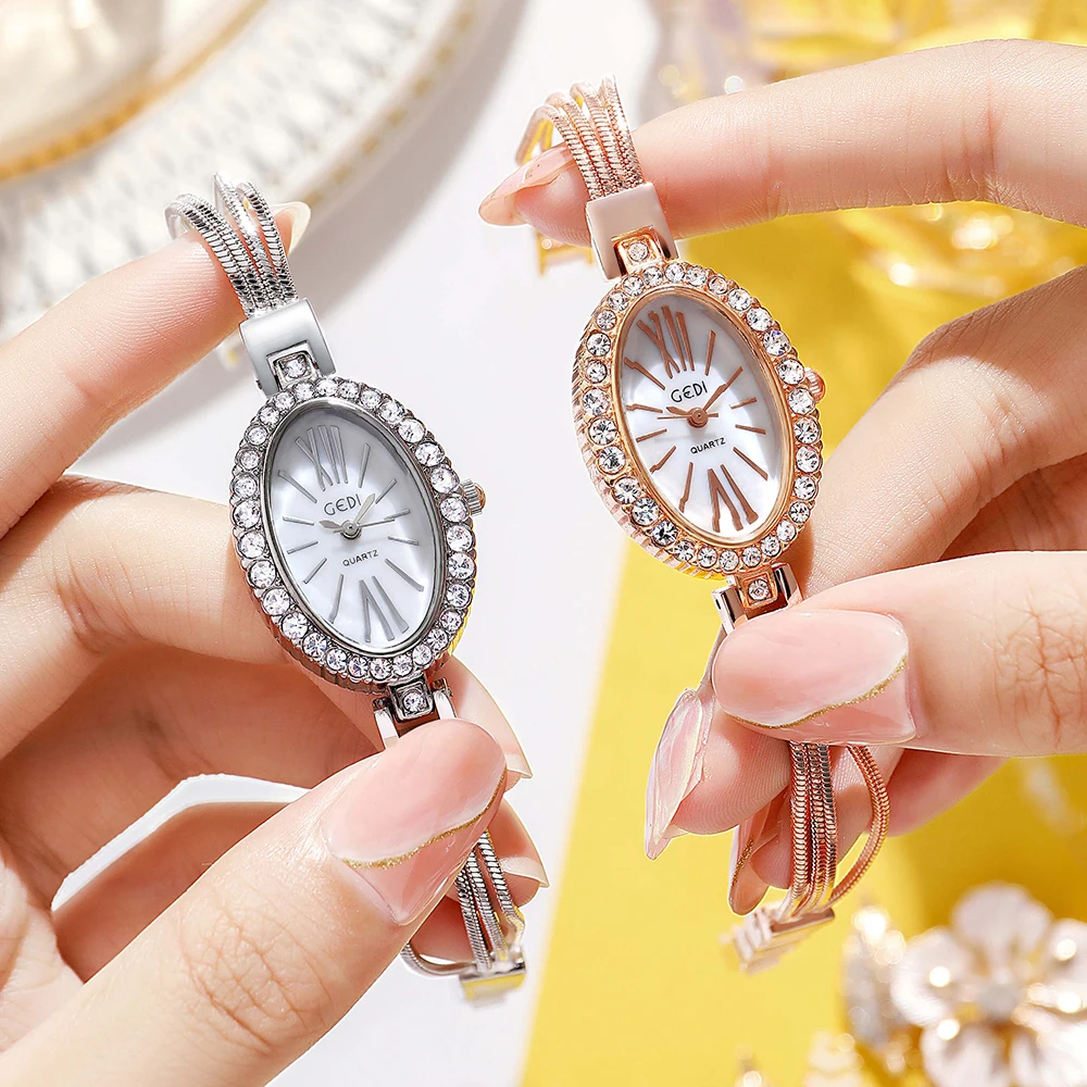 Luxury Oval Shaped Ladies Bangle Watches Alloy Rope Bracelet Diamond 30M Water Resistance Fashion Women Quartz Wristwatch Clock