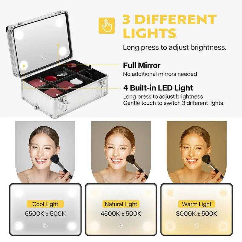 4in1 Makeup Rolling Train Case Cosmetic Organizer Box 3 Color Led Lighted Mirror 3