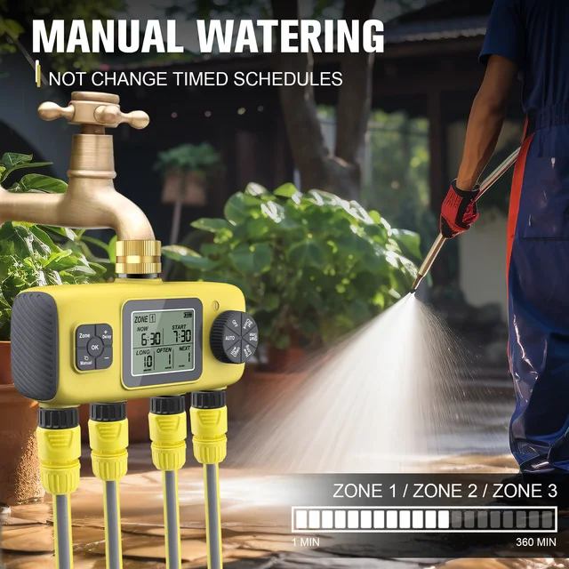 Haozee Smart Water Timer Intelligent 4-Outlet Irrigation Watering System Sprinkler Timer Garden Programmer IPX7 LCD Display 5