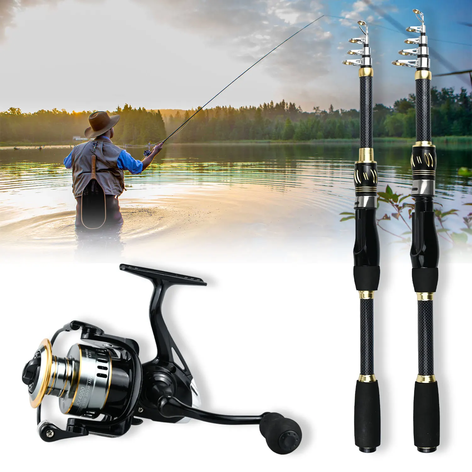 Fishing Rod And Reel Combo Set - 2PCS 6.89ft Collapsible Carbon Fiber Rods With Spinning Reels Fishing Lures Carrier Bag For Travel Saltwater Freshwater Complete Fishing Pole Kit For Anglers P 360039914 - View #4