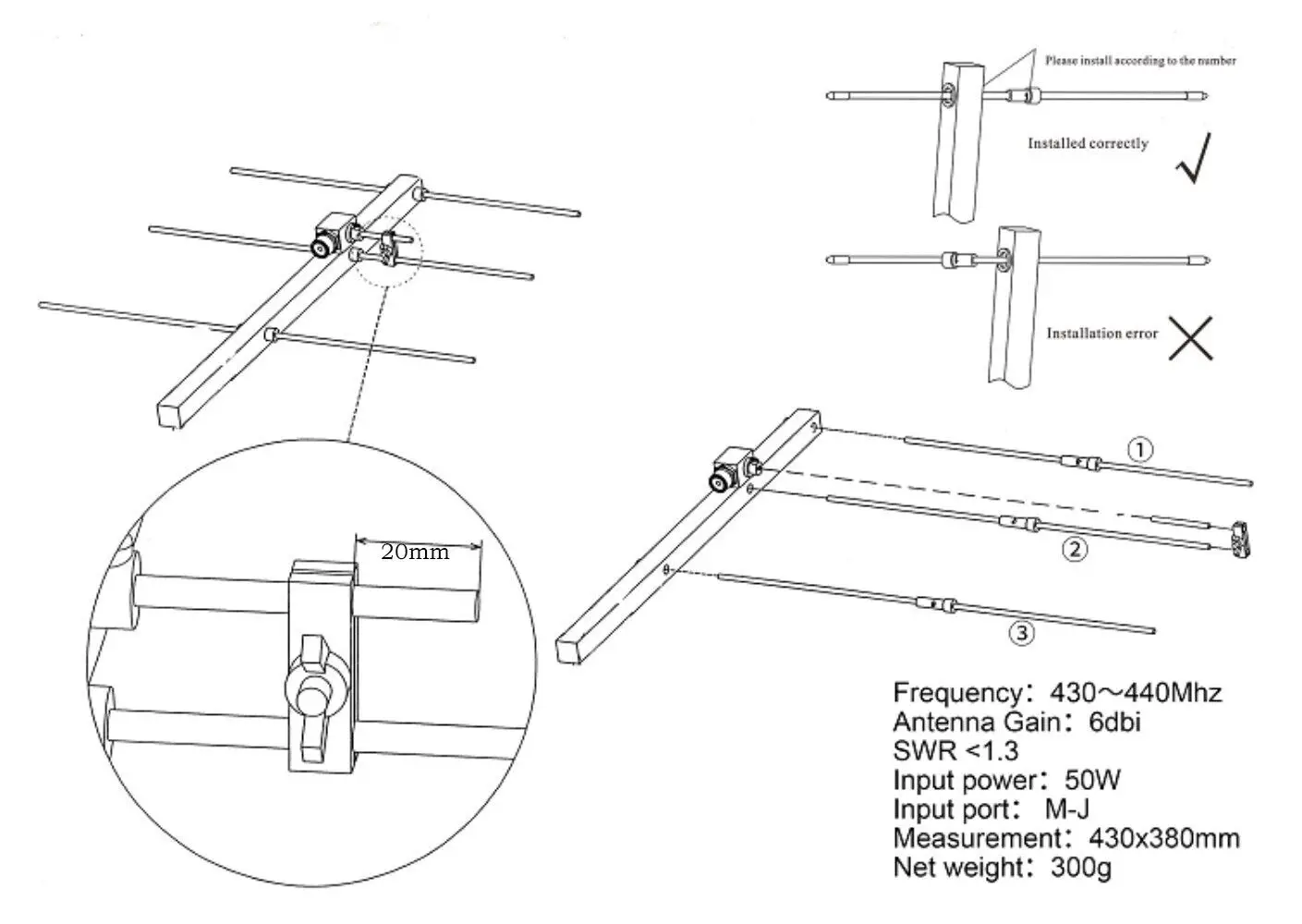 UHF Yagi Antenna High Gain 3 Elements HAM Radio Detachable and Portable Adjustable 420-450MHz