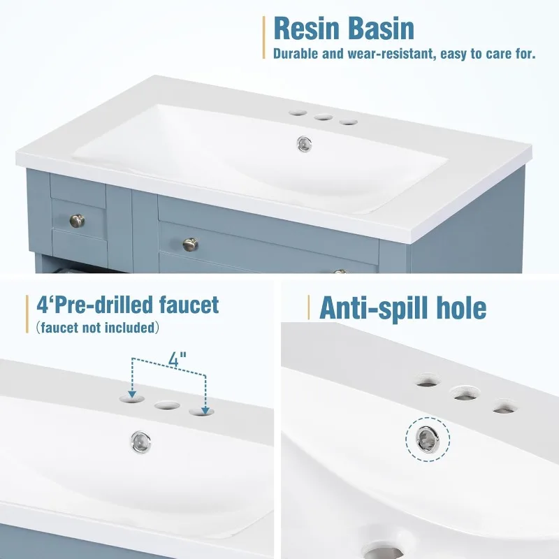 30" Bathroom Vanity with Single Sink, Combo Cabinet Undermount Sink, Solid Wood Frame Bathroom Storage Cabinet, 6