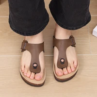 Gacimy Women Cork Sandals Fashion Summer Cork Footbed Flip Flops New Leather Flat Mules With Arch Support Outdoor Beach Slippers - Image 5