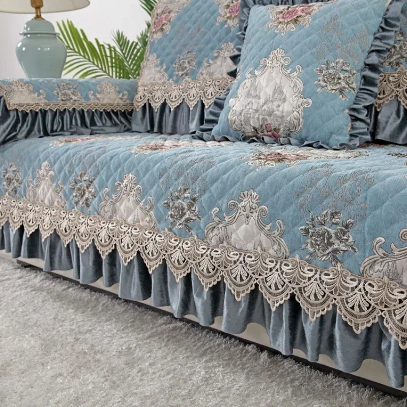 

Всесезонный универсальный чехол для дивана с большой юбкой, нескользящий коврик для дивана в европейском стиле, роскошное кружевное покрывало для дивана в гостиной
