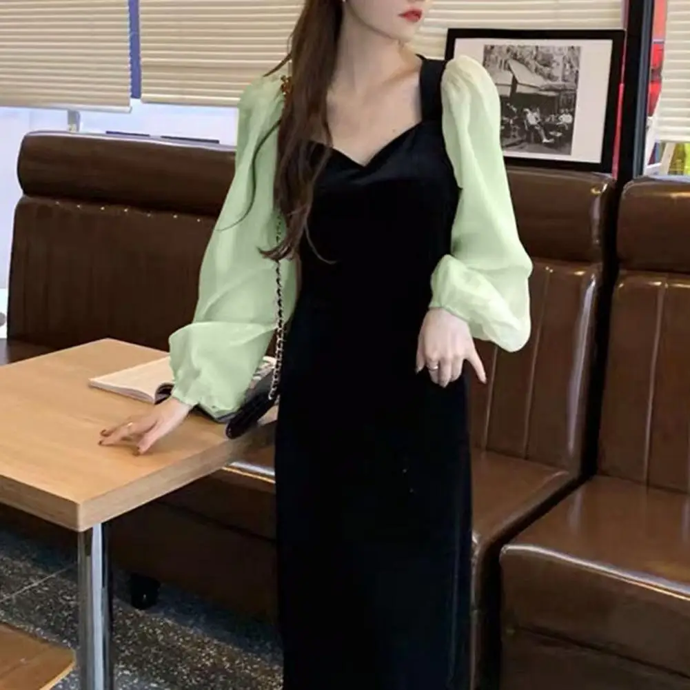 

Women Dress V Neck Puff Sleeves Mid-Waist Pullover Elegant Casual-Wear Hepburn French Slim Long Dress Evening Party Clothing