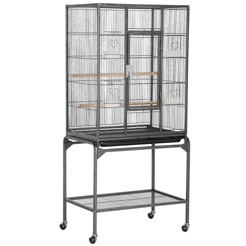 

53.7'' Metal Rolling Bird Cage with Stand, 4 Feeding Bowls, and 2 Perches, Black bird cage house