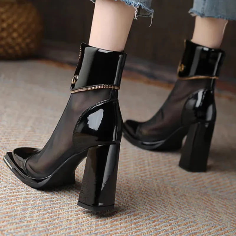Sexy Black Mesh High Heels Ankle Boots Women 2023 Autumn Front Zipper Patent Leather Boots Woman Square Toe Thick Heeled Pumps