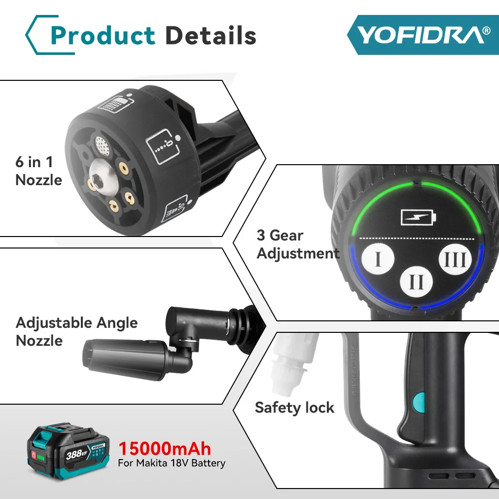 YOFIDRA 200Bar Brushless High Pressure Car Washer Gun 6 IN 1 Electric Garden Washing Water Wash Spray Gun for Makita 18V Battery 6
