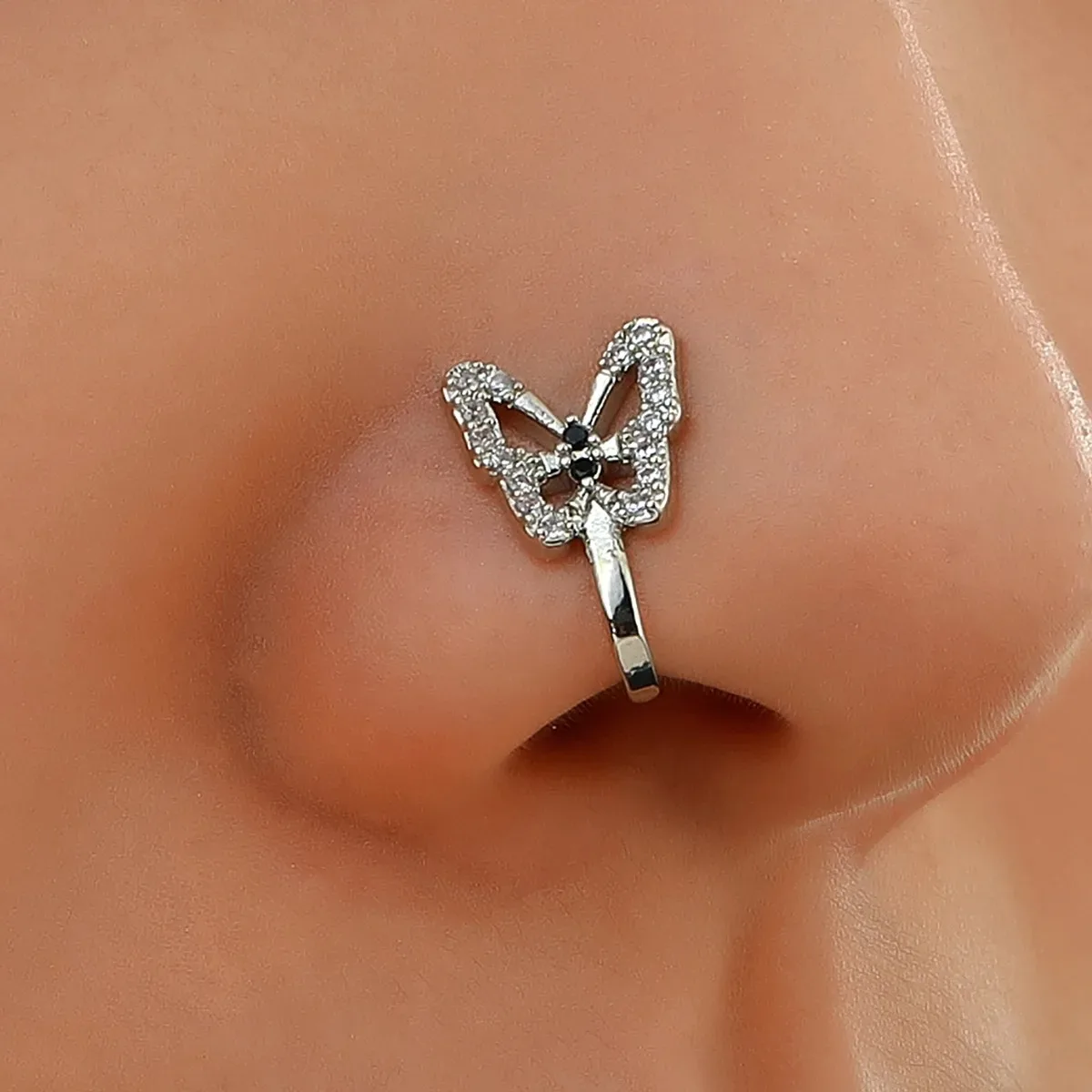 Piercing Jewelry Stainless Steel Fake Nose Piercing Fake Nose Ring Diamond Butterfly Studs Hole-less Clip for Woman