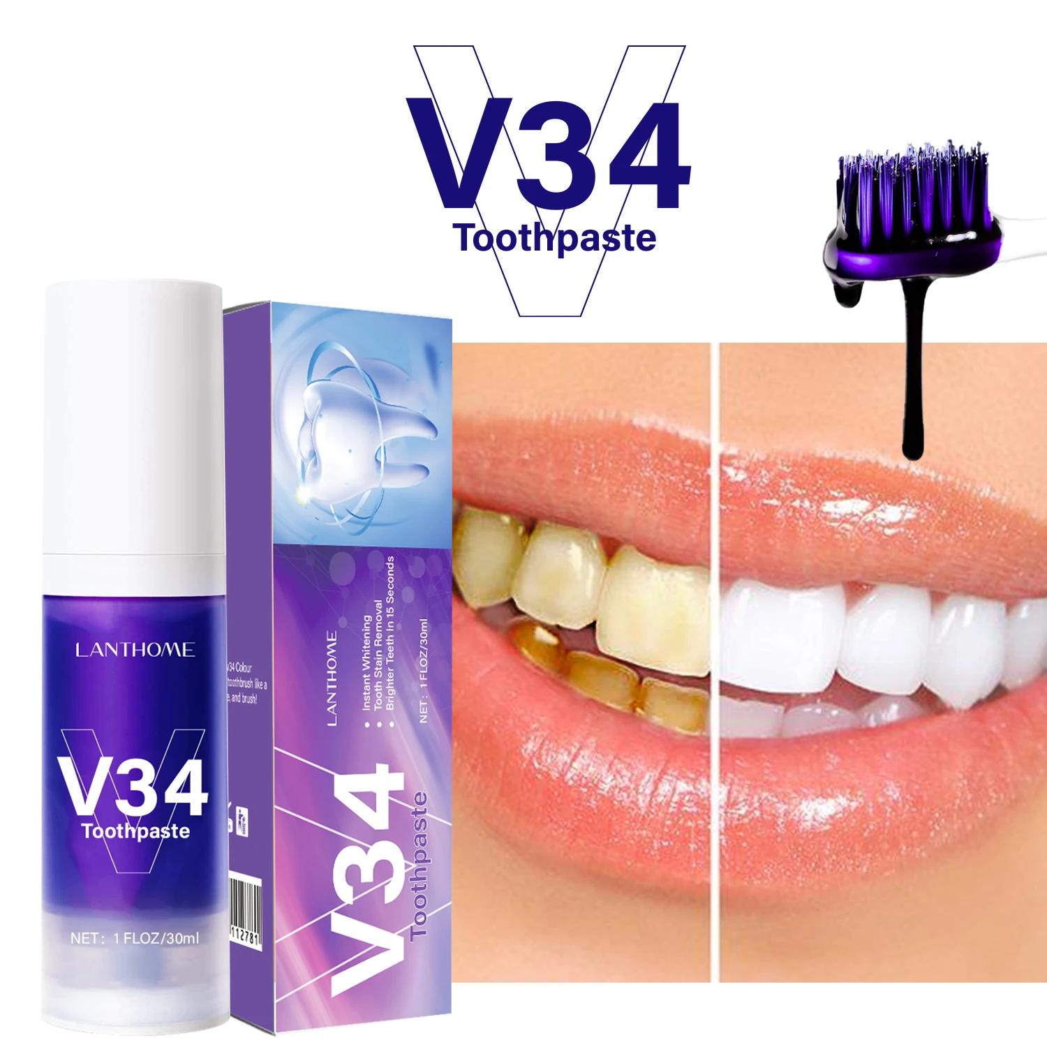 

Teeth Whitening Purple Toothpaste V34 Colour Corrector Stain Removal Reduce Yellowing Teeth Whitener Fresh Breath Enamel Care