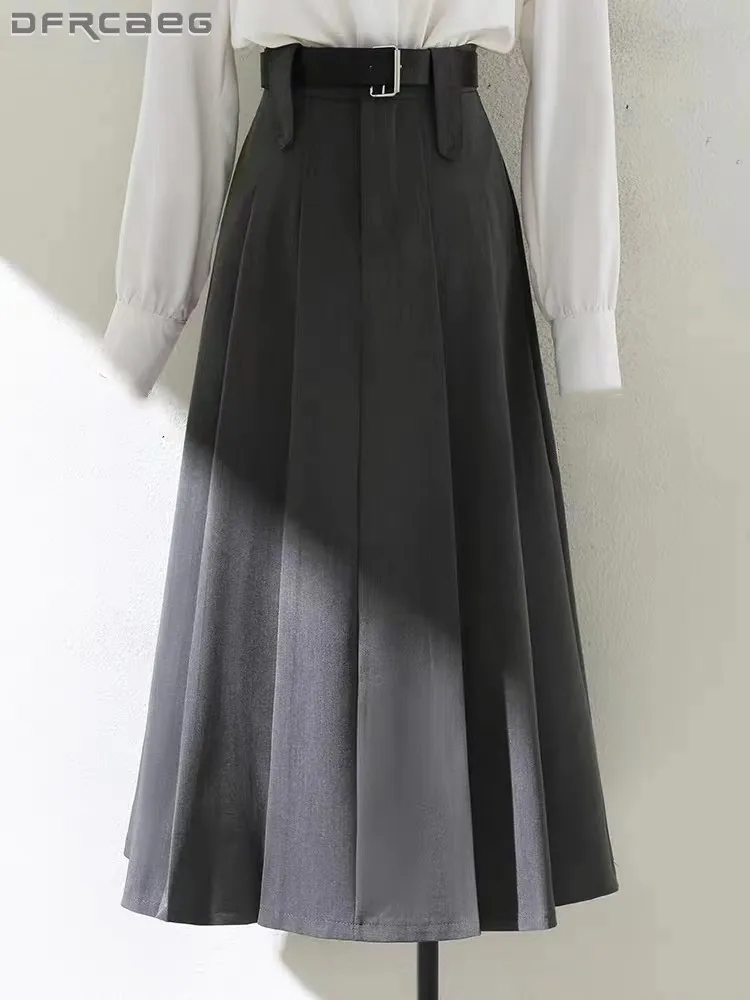 

Elegant Fashion Women's Pleated Long Skirt With Belt 2023 Summer High Waist Big Swing Office Work Saias Longas Khaki