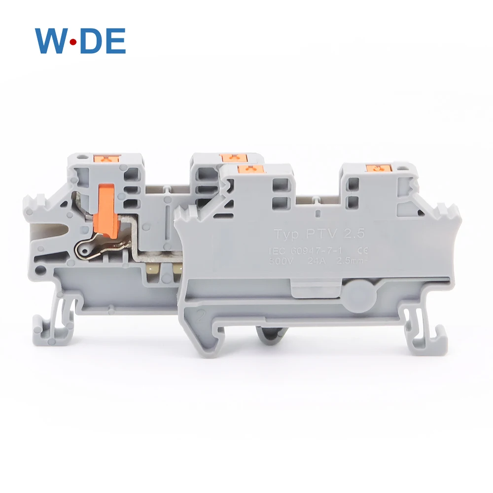 10Pcs DIN Rail Terminal Block PTV-2.5 Push-In Terminal Connector Spring Side-Entry 2.5mm² Cable Wiring Conductor PTV2.5 6