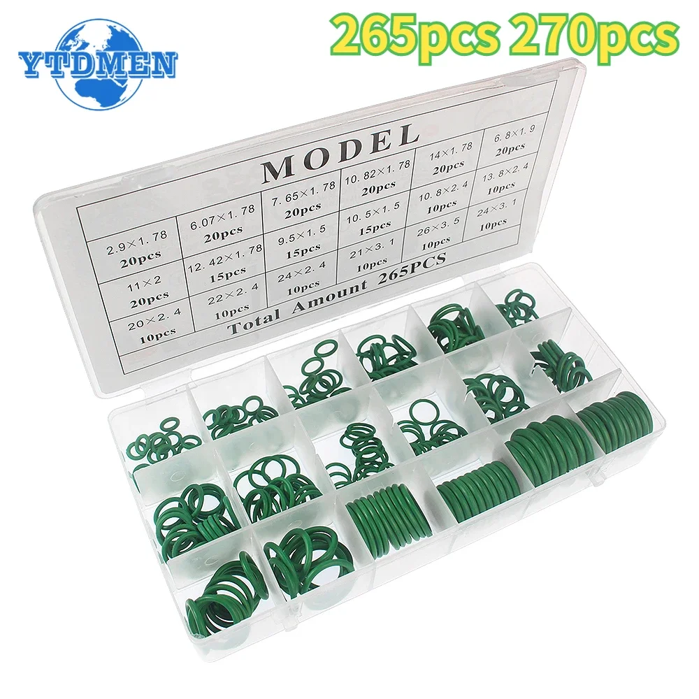 O-Ring Repair Kit 18 Types Durable Green Rubber Sealing Rings for Automotive Air Conditioning Compressor Complete 265pcs/270pcs