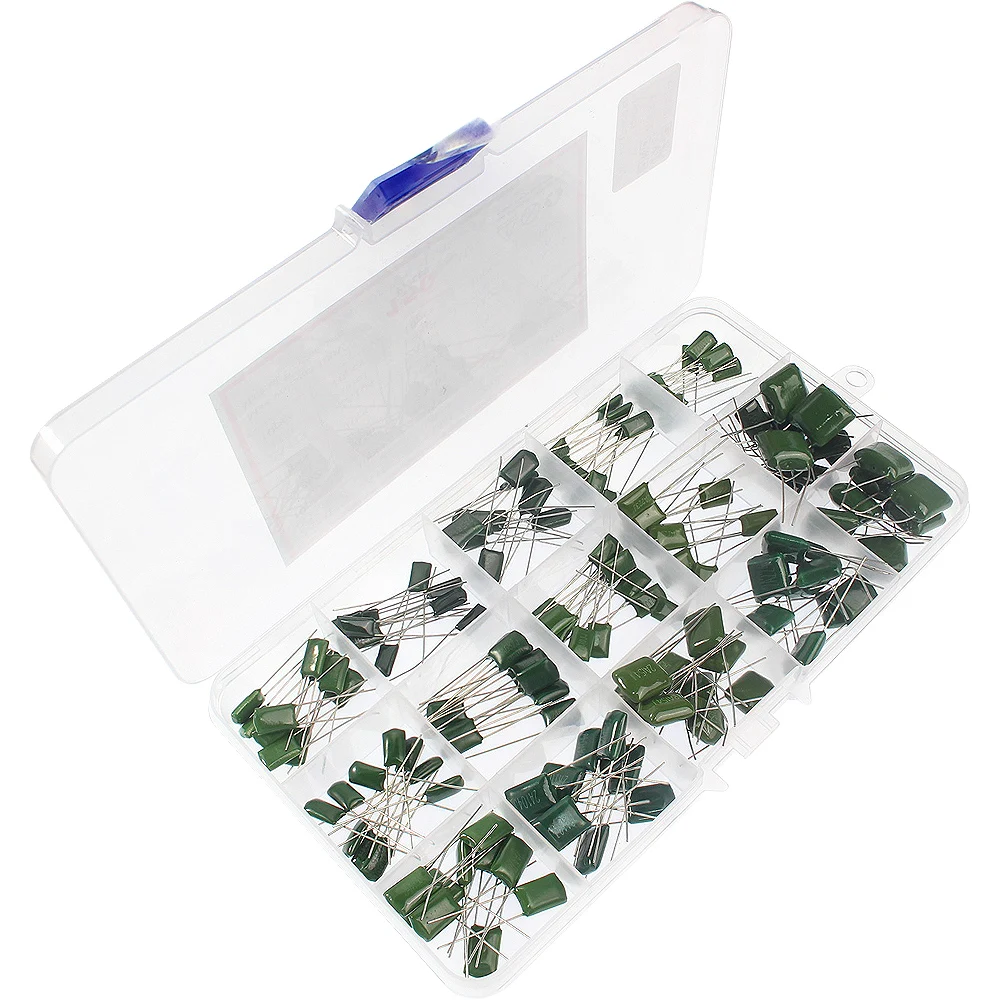 Polyester Film Capacitor Kit 150/180/620PCS 100V 1nF 1.5nF 2.2nF 100nF 2A102J 2A471J 2A222J 2A392J 2A332J 2A472J 2A103J 2A473J