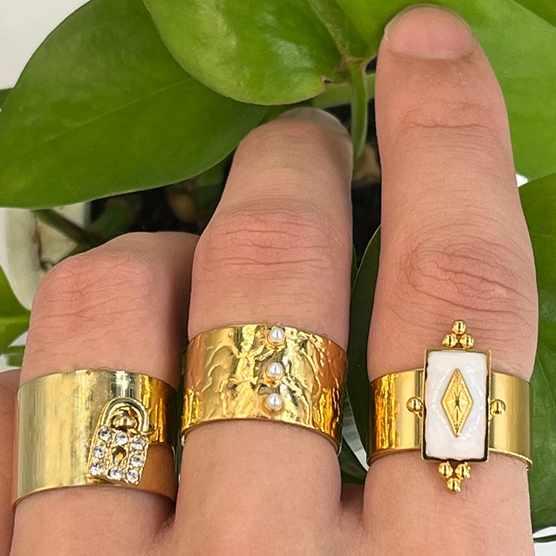 

Luxury Pearl Ring Enamel Gold Stainless Steel Rings for Women Adjustable Open Ring 2022 Trend Femme Aesthetic Jewelry Anillos