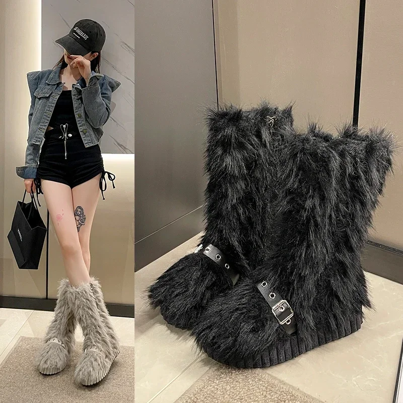 

Booties for Women Mid Calf Boots Shoes on Platform Gothic Furry Lolita Cosplay Comfortable Elegant Flat Middle Heel Thick Bottom