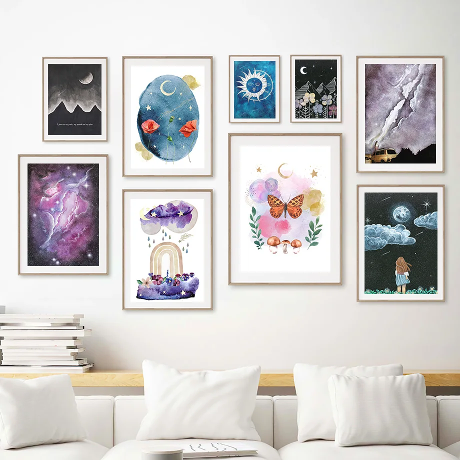 Farfalla Astratta Boho Arcobaleno Papavero Luna Sole Arte Della Parete Tela Pittura Poster E Stampe Immagini A Parete Per Soggiorno Decor