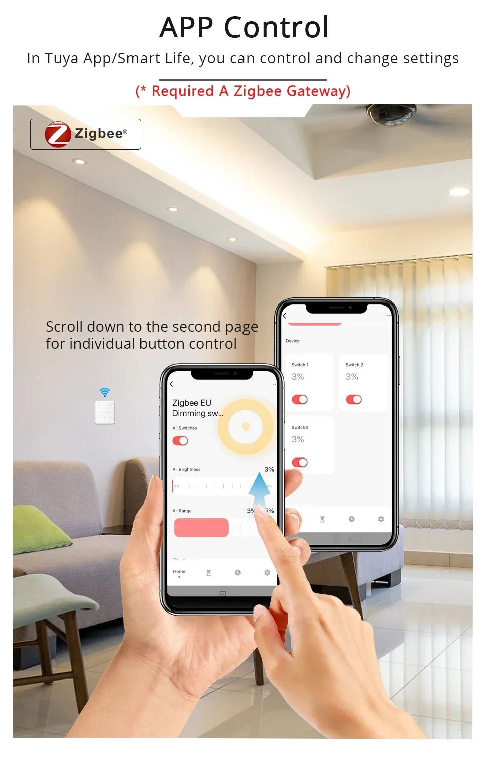 Zigbee Dimmer Switch 3 Gang Wall Light Switch Touch Panel Percentage Adjustment