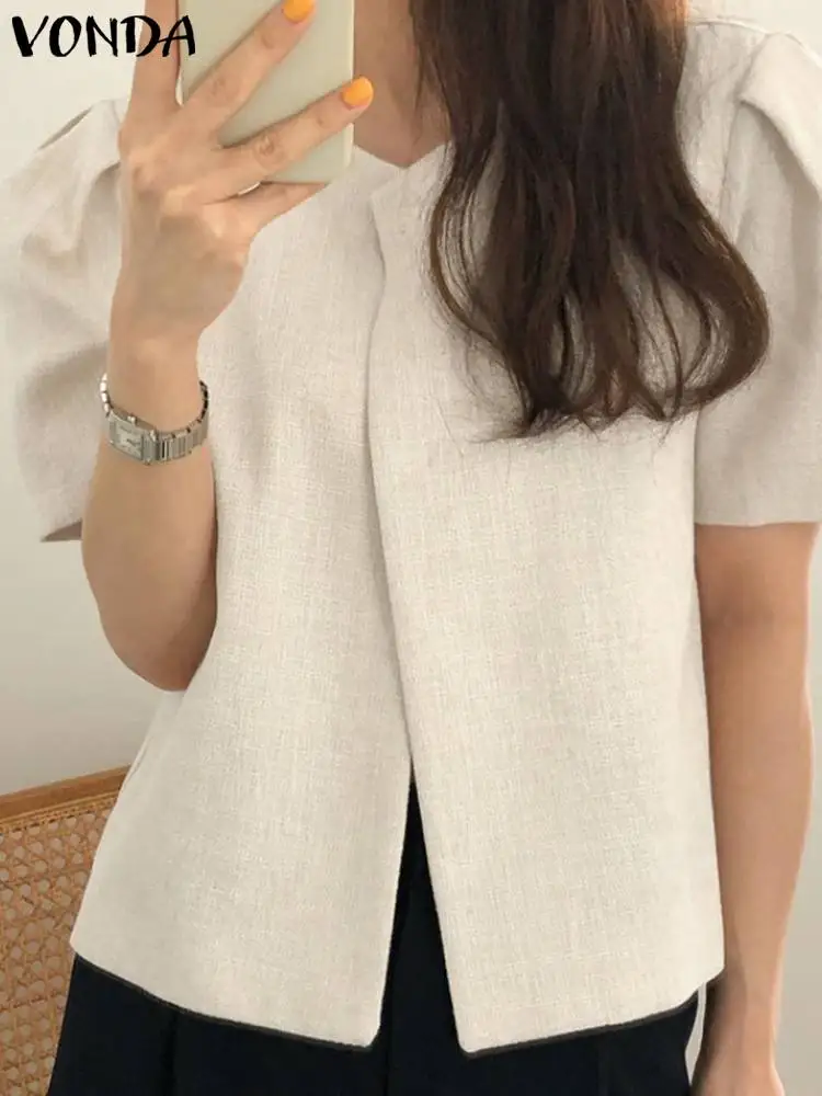 

VONDA Elegant Fashion Women OL Shirts 2023 Summer Blouse Short Puff Sleeve Sexy Round Neck Solid Tops Casual Loose Blusas Femme