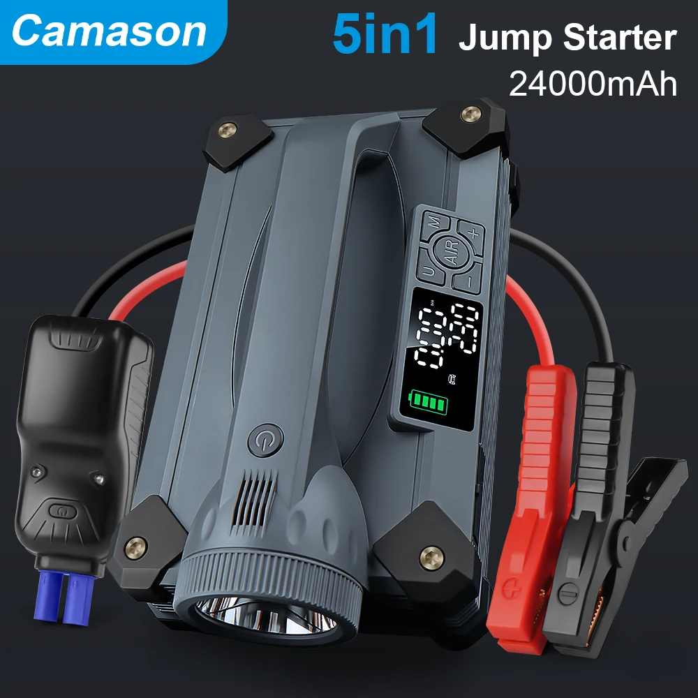 Car Jump Starter 6000A/12V with Air Compressor Tire Inflator 15W Flashlight 65W Power Bank For Car Camping