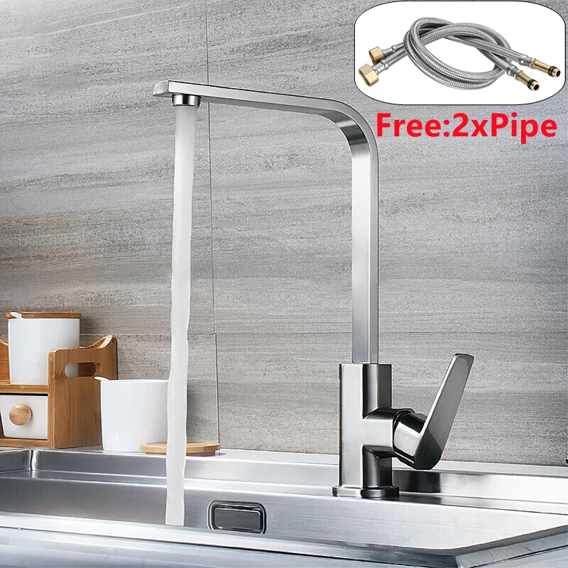 

360 Degree Kitchen Faucet Blacked Kitchen Tap Single Hole Brushed Nickle Faucets Water Mixer Tap with 2 Water Inlet Pipes