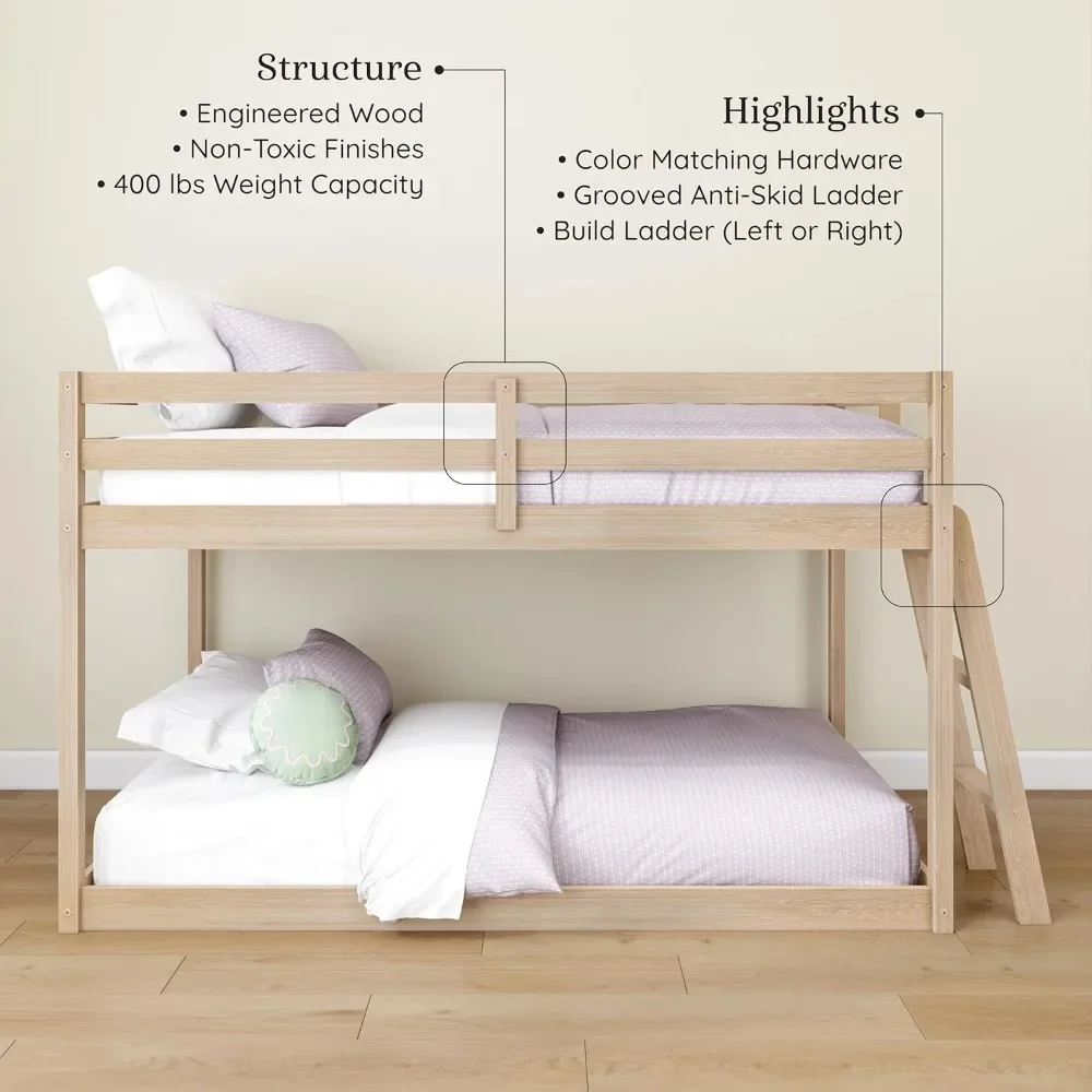 NEW-Grain & Grove Bear Twin Over Twin Bunk Bed, Low Bunk Bed Frame for Kids, Bunk with Ladder, Guardrail and Slats, No Box Sprin