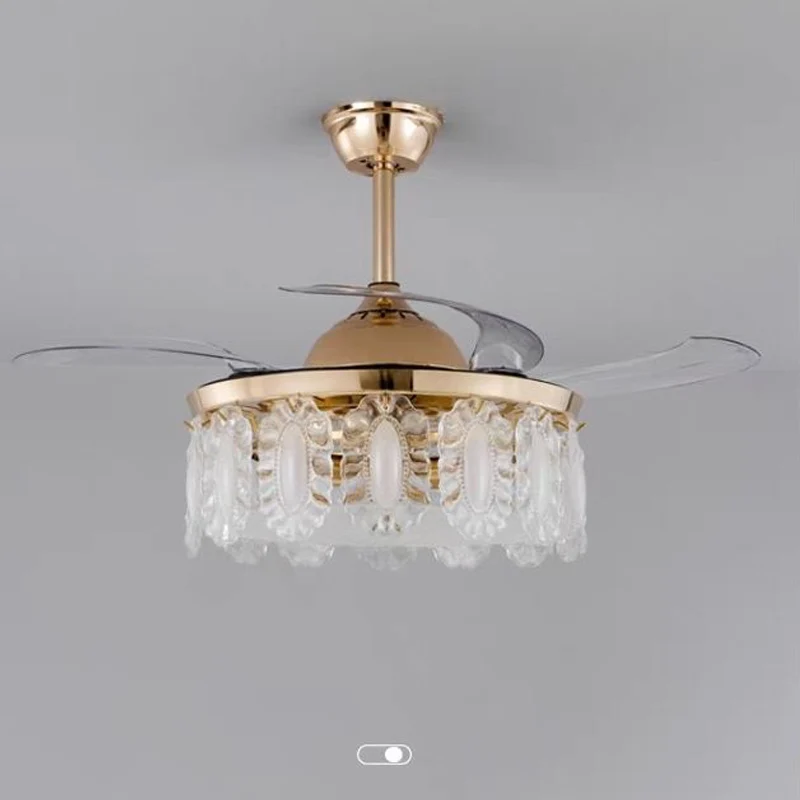 42"Invisible Ceiling Fan Chandelier Light Modern Crystal Ceiling Fan Lamp Remote Control For Bedroom Gold Decro