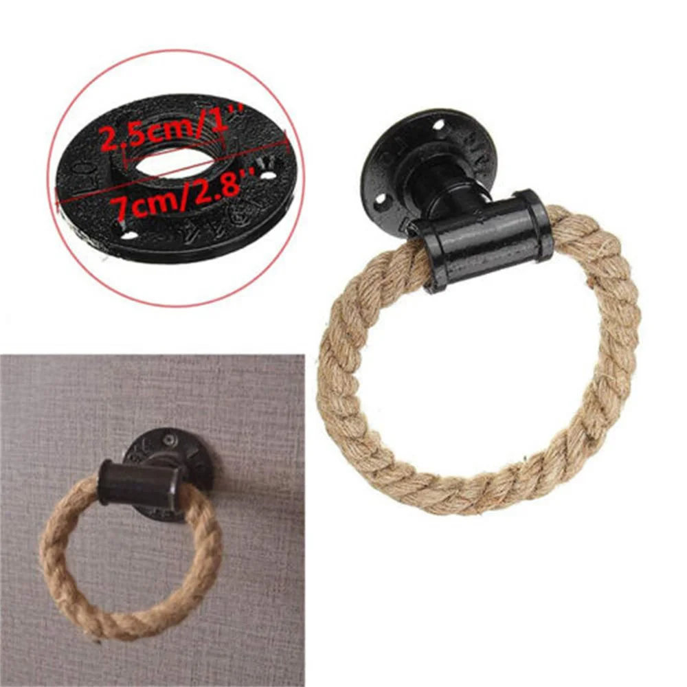 1pc Retro Industrial Style Pipe Rope Ring Hemp Wall-Mounted Rustic Towel Holder Rack Ring Home Hotel Bathroom Decor Accessories