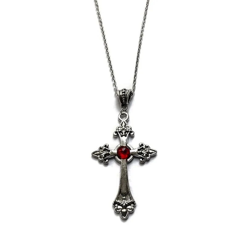 GothicLargeBaroqueChristianCrossNecklaceInlaidwithRedGemsWomensChristianPrayer